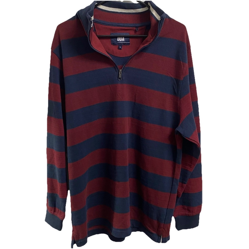 ODA Rugby Shirt Mens Maroon& Blue Striped Long Sleeve 1/4 Zip Pullover NWOT SZ.L